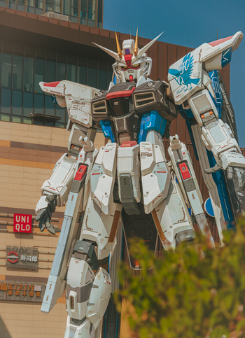 View of the life sized Freedom Gundam statue standing in front of the Lalaport Shanghai shopping mall in Shanghai Shanghai China.