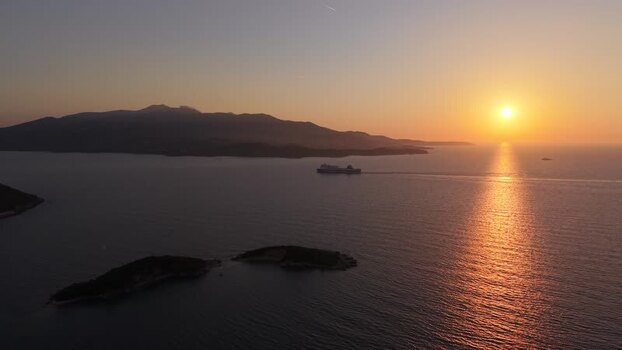 Aerial view of Straits of Corfu at sunset Albania.