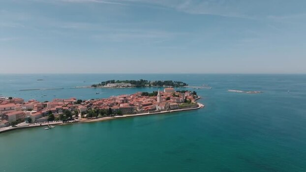 Aerial view of Porec historic town and coastline Croatia.