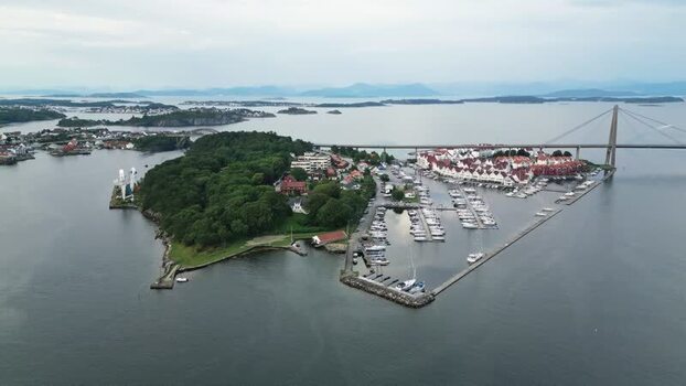 Aerial view of Stavanger marina and bridge in Norway.