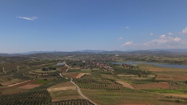 Aerial view of rural landscape in Belsh Albania.