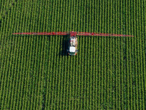 Aerial view of a tractor with a wide sprayer boom working in a large green cornfield with straight parallel rows in Hombourg Grand Est France. Aerial view of a tractor with a wide sprayer boom working in a large green cornfield with straight parallel rows in Hombourg Grand Est France.