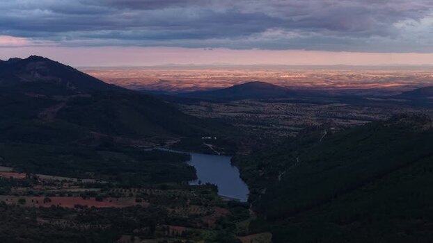 Aerial view of a lake nestled in mountain valleys Portugal.