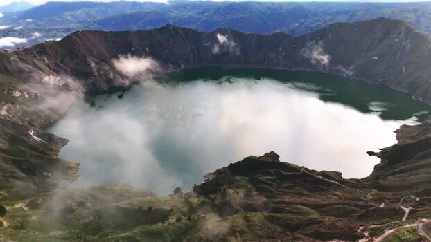 Aerial view of Quilotoa Lake crater in Cotopaxi Ecuador.