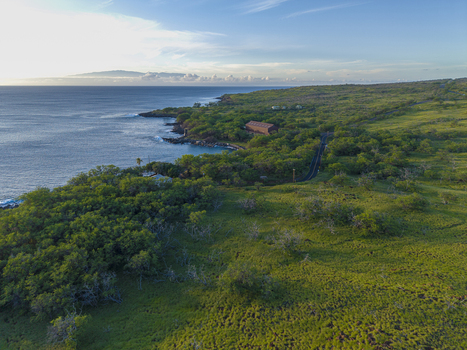 Aerial view of Mahukona Beach Park featuring the rugged coastline lush tropical vegetation and a historic building under a soft morning light Waimea Hawaii United States.