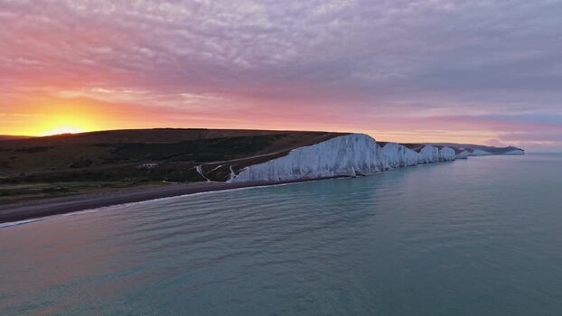 Aerial view of Seven Sisters Cliffs at sunset United Kingdom. Aerial view of Seven Sisters Cliffs at sunset United Kingdom.