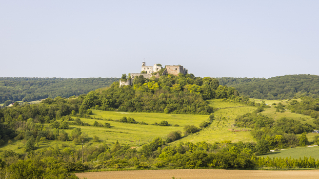 View of the historic Falkenstein Castle perched atop a verdant hill overlooking lush green fields and golden meadows bathed in soft sunlight Falkenstein Lower Austria Austria. View of the historic Falkenstein Castle perched atop a verdant hill overlooking lush green fields and golden meadows bathed in soft sunlight Falkenstein Lower Austria Austria.