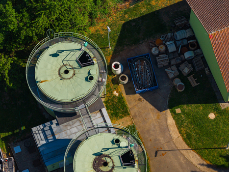 Aerial view of industrial storage tanks with pipes and equipment at a facility in Kyjov South Moravian Region Czechia.