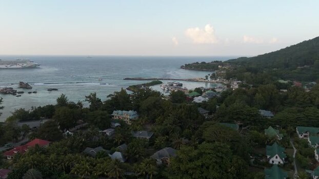 Aerial view of Anse Reunion harbor in Seychelles.