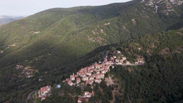 Aerial View of Poggio a small town on the hill Marciana Elba Island Italy.
