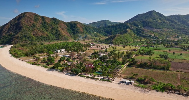 Aerial view of a coastal landscape featuring a sandy beach lush palm trees agricultural fields and rolling green hills in Lombok West Nusa Tenggara Indonesia.