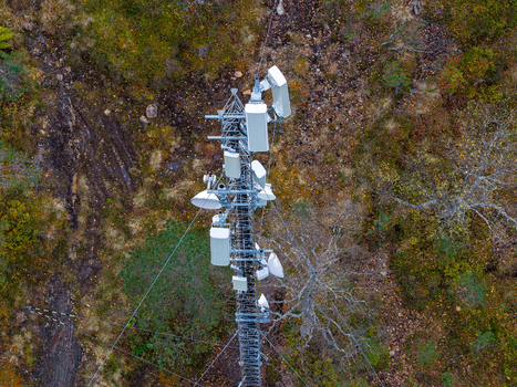 Aerial view of a telecommunications tower with various antennas and dishes standing in a dense forest with autumn foliage in Fjord More og Romsdal Norway.