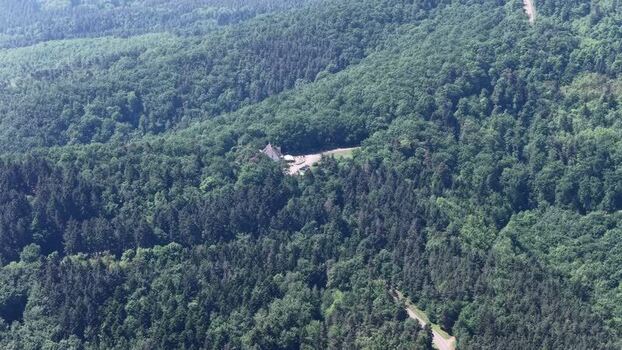 Aerial view of dense green forest and rolling hills France.
