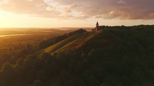 Aerial view of Himmelbjerget tower on a hill in Denmark.
