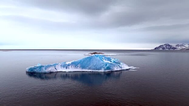 Aerial view of a blue iceberg floating in the Arctic sea Greenland. Aerial view of a blue iceberg floating in the Arctic sea Greenland.