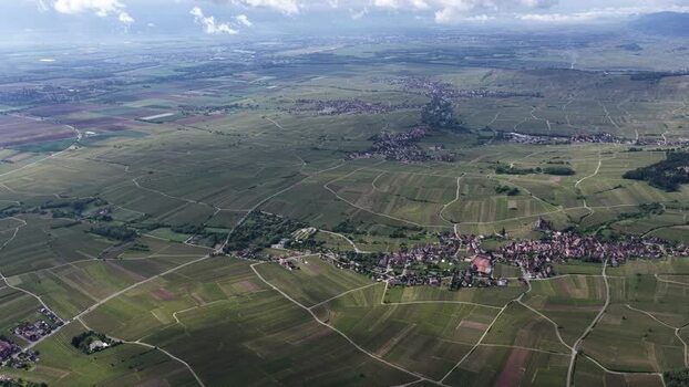 Aerial view of Ribeauville town and surrounding vineyards France. Aerial view of Ribeauville town and surrounding vineyards France.