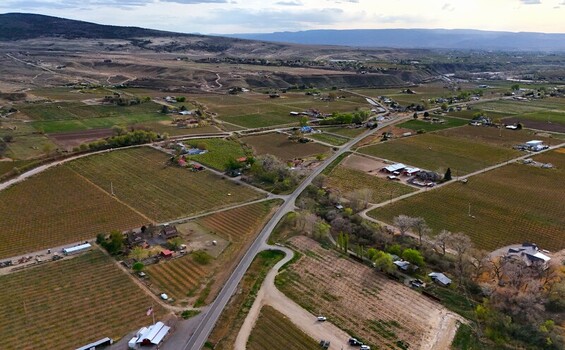 Aerial view of the verdant vineyards and orchards a mosaic of earthy browns and lush greens intersected by roads under a vast sky Palisade Colorado USA. Aerial view of the verdant vineyards and orchards a mosaic of earthy browns and lush greens intersected by roads under a vast sky Palisade Colorado USA.
