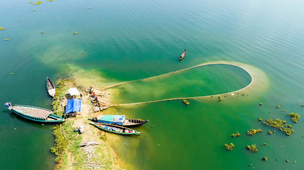 Aerial view of fishermen using a large net in the green waters of Kaptai Lake with wooden boats moored at the shore in Rangamati Chittagong Division Bangladesh.