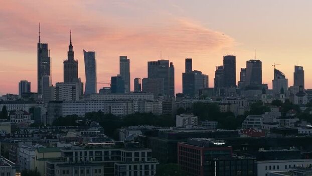 Aerial view of Warsaw skyline at sunset Poland.