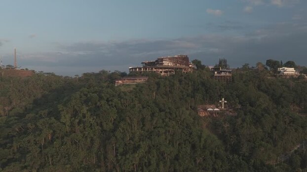 Aerial view of Tops Lookout on a lush green hill Philippines.