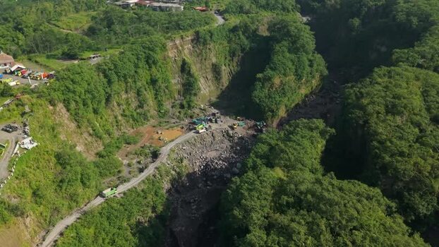 Aerial view of Tambang Pasir Merapi Kali Gendol sand mine Indonesia.