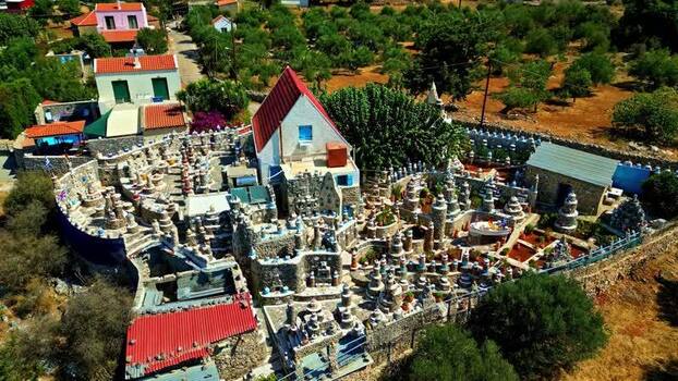 Aerial view of stone sculptures in Crete Greece.