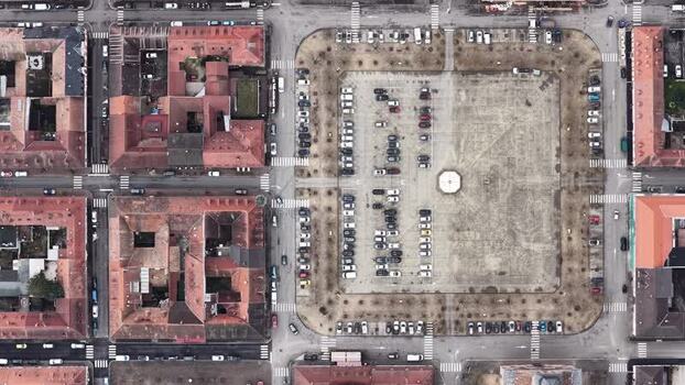 Aerial view of buildings and parking lot France.