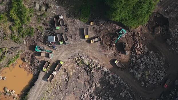 Aerial view of Tambang Pasir Merapi Kali Gendol Sand Mine Indonesia.