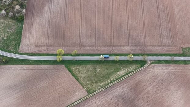 Aerial view of road among fields France.