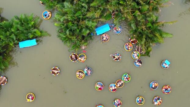 Aerial view of traditional basket boats on the river Vietnam.