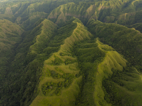 Aerial view of Avatar Hill also known as Watu Nari Wowo featuring lush green ridges and deep valleys under soft daylight in Bajawa East Nusa Tenggara Indonesia.