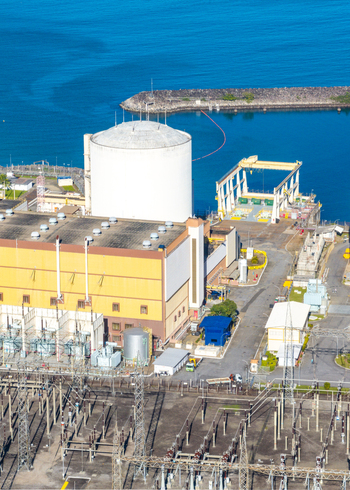 Aerial view of Nuclear Power Plant Angra 2 with its containment dome industrial buildings and electrical substation infrastructure in Angra dos Reis Rio de Janeiro Brazil.