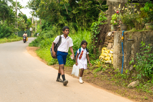 Sri Lanka 06 February 2026 View of two school children in white uniforms walking along a rural road surrounded by lush tropical greenery.