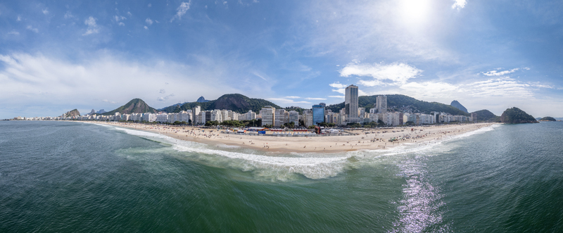 Rio de Janeiro Brazil 13 June 2026 Aerial view of Copacabana beach during the World Cup 2026 with crowds of people city skyline and lush mountains under a blue sky.