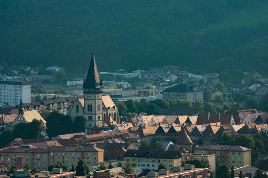 Aerial view of the historic old town and the Basilica of St. Giles with its tall spire and red tiled rooftops under soft light in Bardejov Presov Region Slovakia. Aerial view of the historic old town and the Basilica of St. Giles with its tall spire and red tiled rooftops under soft light in Bardejov Presov Region Slovakia.