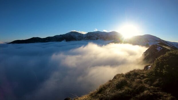 View of Balkan Mountains above clouds in Bulgaria.