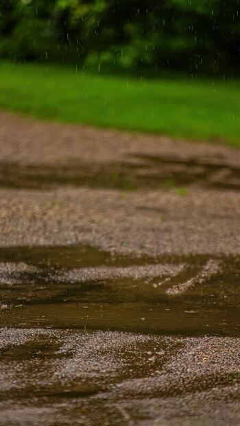 View of rain falling on a gravel path in Latvia. View of rain falling on a gravel path in Latvia.