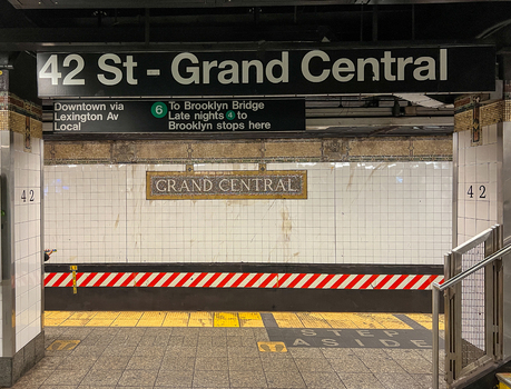 New York United States 14 May 2026 View of Grand Central subway station platform with 42 St signage white tiled walls and yellow tactile floor markings. New York United States 14 May 2026 View of Grand Central subway station platform with 42 St signage white tiled walls and yellow tactile floor markings.