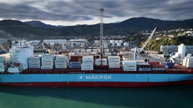 Aerial view of a Maersk container ship at Port Nelson New Zealand. Aerial view of a Maersk container ship at Port Nelson New Zealand.