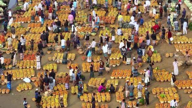 Aerial view of a crowded lemon market in Sylhet Bangladesh.