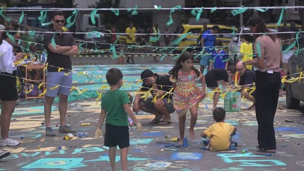 View of people decorating a street for the World Cup 2026 Brazil.
