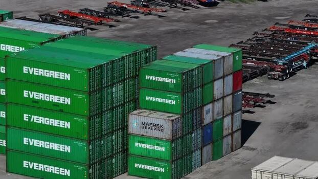 Aerial view of Evergreen shipping containers United States. Aerial view of Evergreen shipping containers United States.