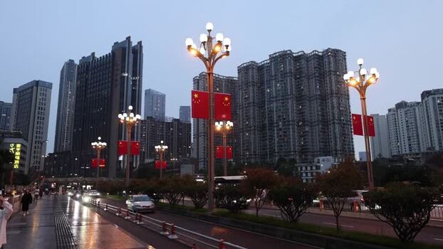 View of Anshun Bridge area with Chinese flags China. View of Anshun Bridge area with Chinese flags China.