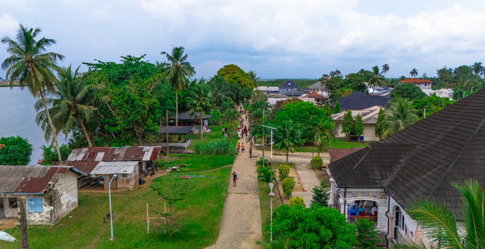 Aerial view of a village path lined with palm trees and houses with people walking along the dirt road near a riverbank in Minima Rivers Nigeria.