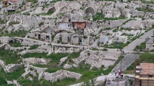Aerial view of the earthquake damaged ruins of Castelluccio Italy.