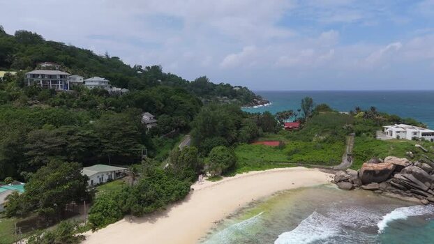 Aerial view of Mahe coastline and tropical beach Seychelles.