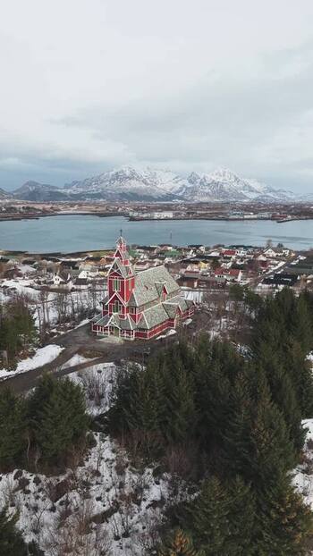 Aerial view of Buksnes Church Norway.