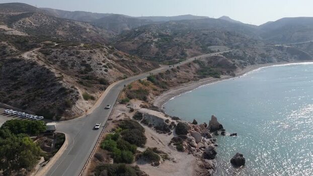Aerial view of coastal road along the Mediterranean Sea Cyprus.