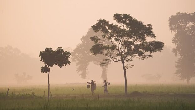 View of men walking through a misty field in Bangladesh.