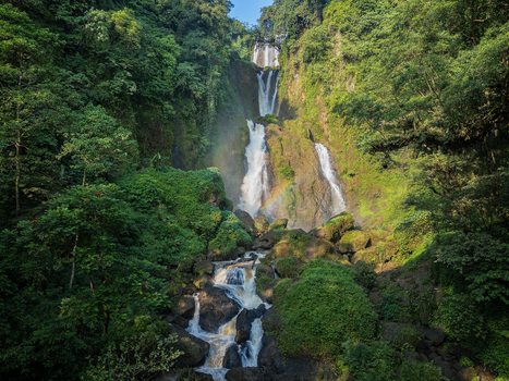 Aerial view of Curug Telu via Kalices waterfall cascading down multiple tiers through a dense tropical forest with a rainbow in the mist in Kendal Central Java Indonesia. Aerial view of Curug Telu via Kalices waterfall cascading down multiple tiers through a dense tropical forest with a rainbow in the mist in Kendal Central Java Indonesia.